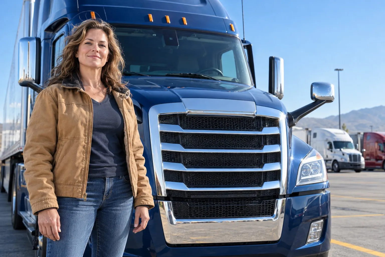 Owner-operator standing in front of her truck at a truck stop